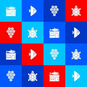 Set Seafood store, Fish, Caviar and Turtle icon. Vector Stock Illustration