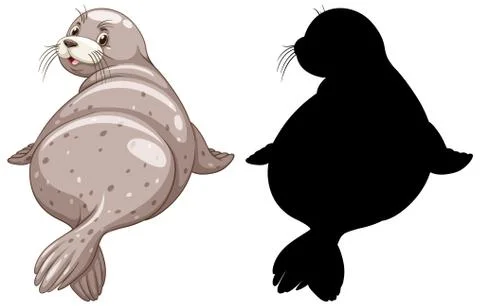 Set of seal characters and its silhouette on white background Stock Illustration