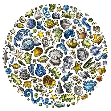 Set of Sealife cartoon doodle objects, symbols and items Stock Illustration