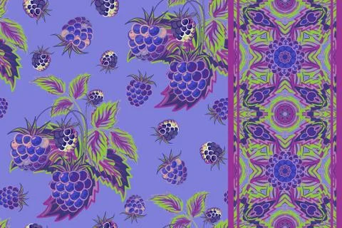 Set of seamless background with blue raspberry, leaves on blue background and 스톡 일러스트