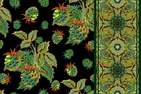 Set of seamless background with brown raspberry, leaves on bcack background and Stock Illustration