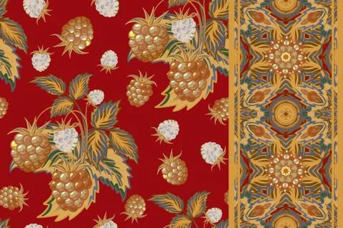 Set of seamless background with brown raspberry, leaves on red background and Stock Illustration