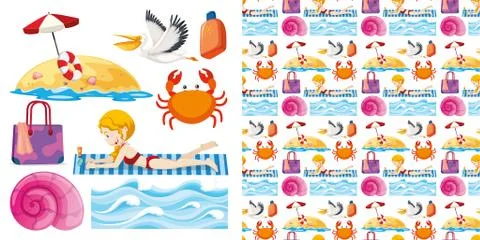 Set of seamless background design with isolated objects theme - summer Stock Illustration