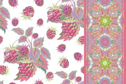 Set of seamless background with pink raspberry, leaves on white background and Stock Illustration