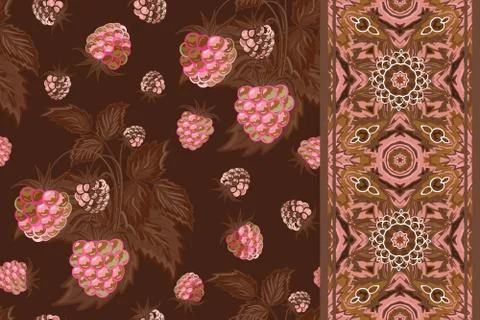 Set of seamless background with pink raspberry, brown leaves on dark background 스톡 일러스트