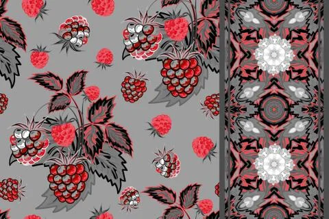 Set of seamless background with red gray raspberry, leaves on gray background Illustrazione stock