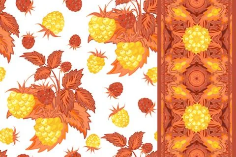 Set of seamless background with yeloow raspberry, brown leaves on white Illustrazione stock