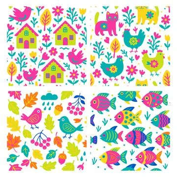 Set of seamless backgrounds with bright neon colors featuring domestic anim.. Stock Illustration
