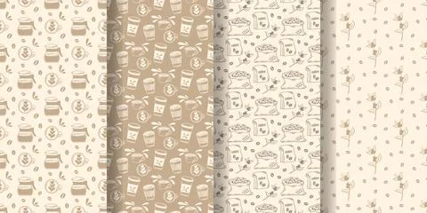 Set of seamless beige patterns with coffee theme Stock Illustration