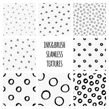 Set of seamless black and white vector textures with circles, polka dots, dry Illustration