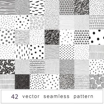 Set of seamless black and white hand drawn patterns. Stock Illustration