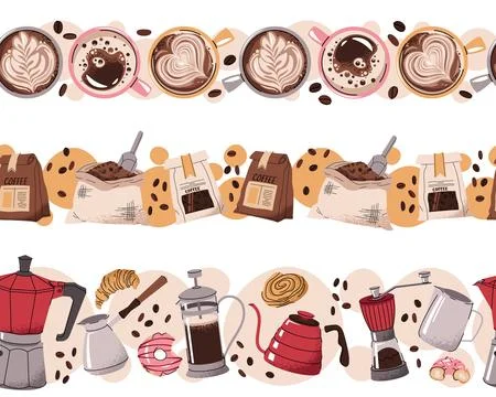 Set Of Seamless Borders With Coffee Mug, Bag, Beans And Barista Tools In Fl.. Stock Illustration