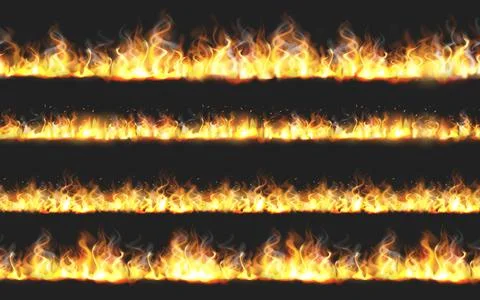 A set of seamless borders with fire flames, glow effects, sparks, and smoke. Stock Illustration