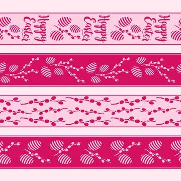 Set of seamless borders with spring easter ornaments and pussy willows and eggs. Stock Illustration