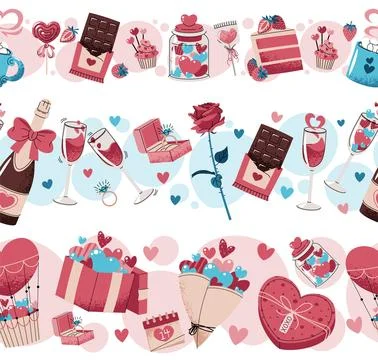 Set Of Seamless Borders With Sweets, Cake, Champagne, Gifts, Bouquet And He.. Stock Illustration