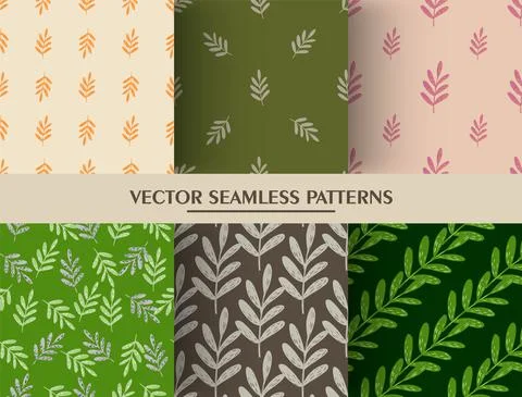 Set of seamless botanic pattern with simple branches silhouettes. Botanic art 스톡 일러스트