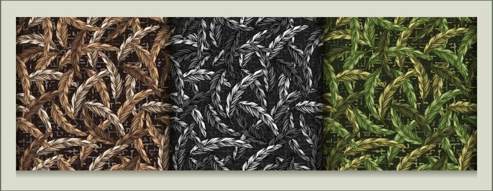 Set of seamless camouflage patterns with intertwined feathers Stock Illustration