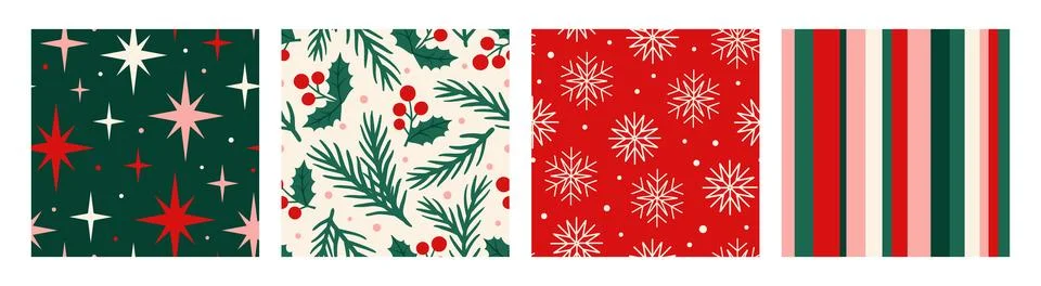 Set of seamless Christmas patterns featuring festive stars, snowflakes, hol.. Stock Illustration