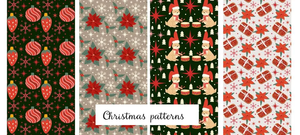 Set of Seamless Christmas patterns with gingerbread cookies gifts, bunny and Stock Illustration