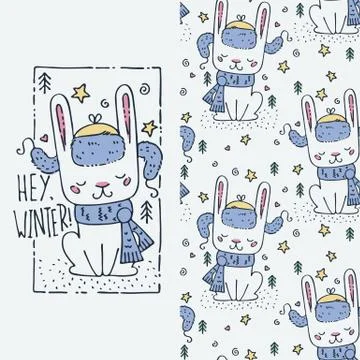 Set of seamless cute childish pattern and doodle cut image with hand drawn cu Stock Illustration