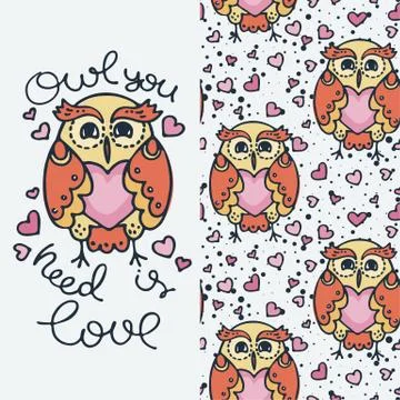Set of seamless cute childish pattern and doodle cut image with hand drawn cu Illustrazione stock