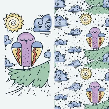 Set of seamless cute childish pattern and doodle cut image with hand drawn cu Stock Illustration