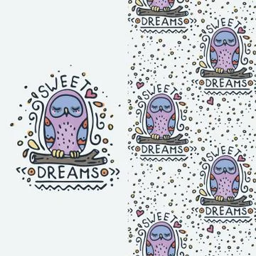 Set of seamless cute childish pattern and doodle cut image with hand drawn cu Stock Illustration