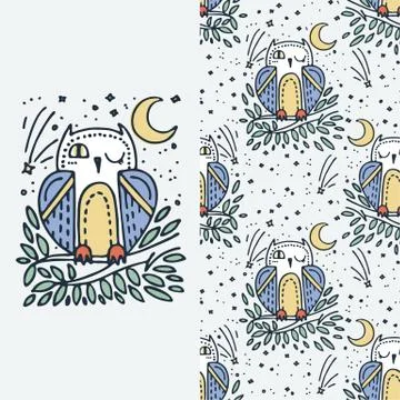 Set of seamless cute childish pattern and doodle cut image with hand drawn cu Stock Illustration