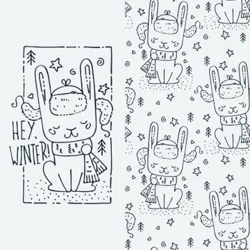Set of seamless cute childish pattern and doodle cut image with hand drawn cu Illustrazione stock