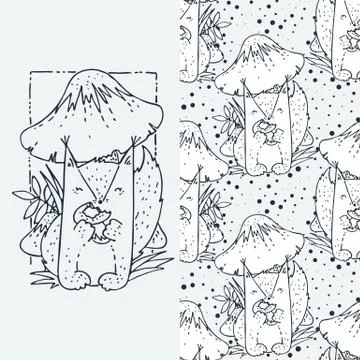Set of seamless cute childish pattern and doodle cut image with hand drawn cu Stock Illustration