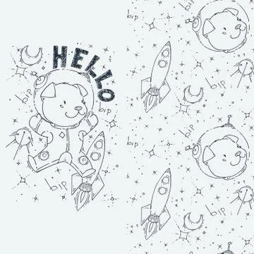 Set of seamless cute childish pattern and doodle cut image with hand drawn cu Stock Illustration