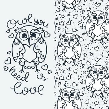 Set of seamless cute childish pattern and doodle cut image with hand drawn cu Stock Illustration