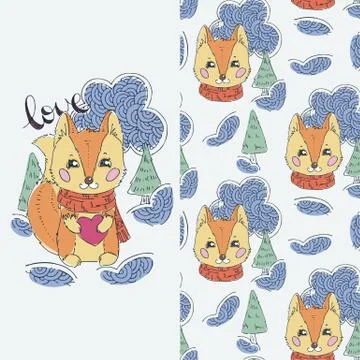 Set of seamless cute childish pattern and doodle cut image with hand drawn cu Stock Illustration