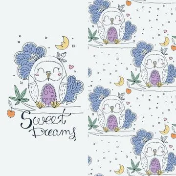Set of seamless cute childish pattern and doodle cut image with hand drawn cu Stock Illustration