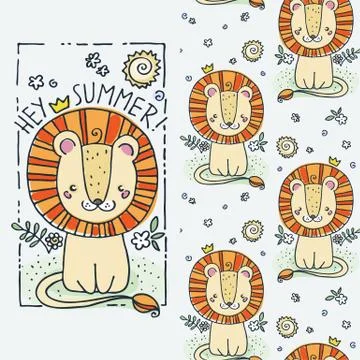 Set of seamless cute childish pattern and doodle cut image with hand drawn cu Illustrazione stock