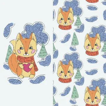 Set of seamless cute childish pattern and doodle cut image with hand drawn cu Illustrazione stock