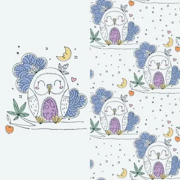 Set of seamless cute childish pattern and doodle cut image with hand drawn cu Stock Illustration
