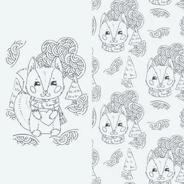 Set of seamless cute childish pattern and doodle cut image with hand drawn cu Stock Illustration
