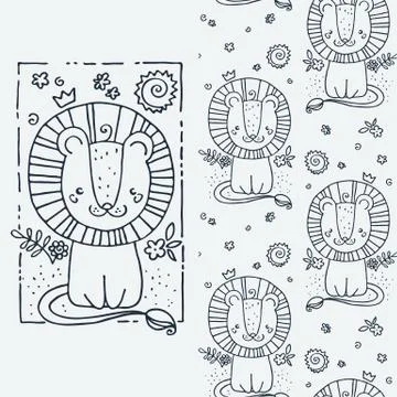 Set of seamless cute childish pattern and doodle cut image with hand drawn cu Illustrazione stock