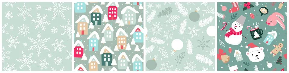 Set of seamless cute Christmas patterns. Modern flat vector illustrations for Stockillustratie