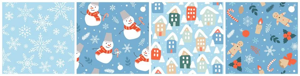 Set of seamless cute Christmas patterns. Modern flat vector illustrations for Illustrazione stock