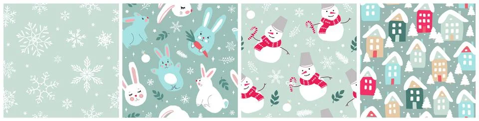Set of seamless cute Christmas patterns. Modern flat vector illustrations for Stockillustratie