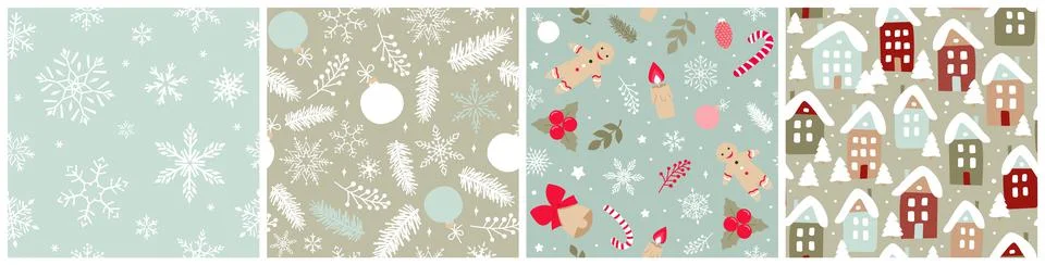 Set of seamless cute Christmas patterns. Modern flat vector illustrations for Illustrazione stock