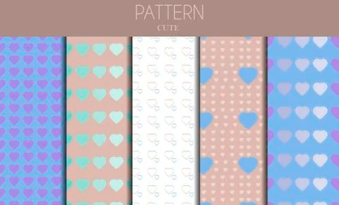 A set of seamless cute pastel patterns with hearts and rainbows. Flat vector Stockillustratie