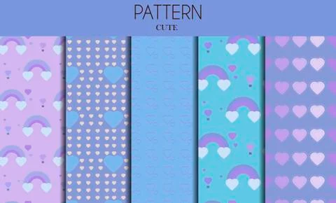 A set of seamless cute pastel patterns with hearts and rainbows. Flat vector 스톡 일러스트