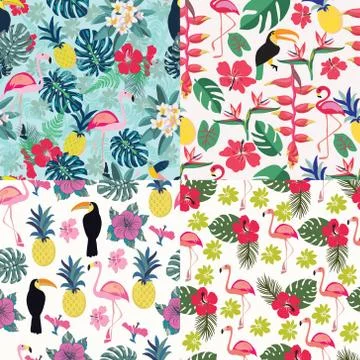 Set of Seamless decorative pattern with flamingo, toucan and tropical flowers Illustrazione stock