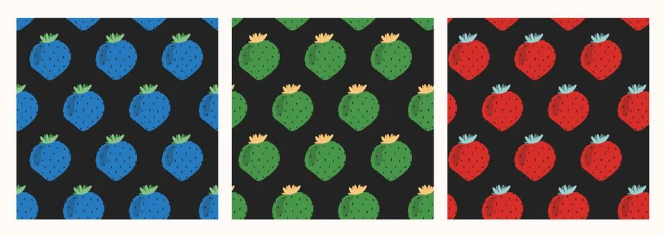 Set seamless different strawberry pattern. Stock Illustration