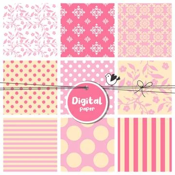 Set of seamless  Digital papers, patterns, flowers, dots, stripes, square s.. Illustrazione stock