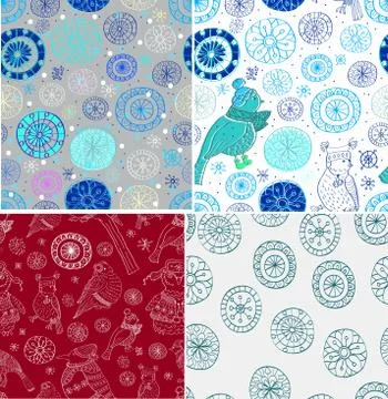 Set of seamless doodle background with snowflakes and birds Stock Illustration
