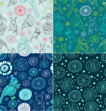 Set of seamless doodle background with snowflakes and birds Stock Illustration